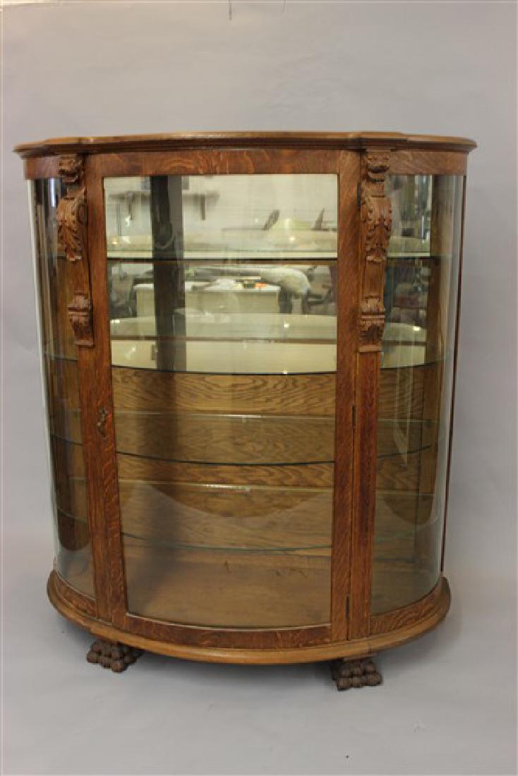 Victorian Carved Golden Oak Curved Glass Curio Cabinet Feb 25