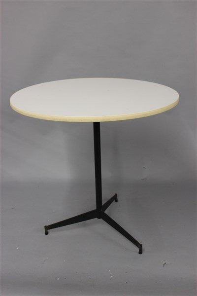 Mid Century Modern Table W/ Tripod Base: A mid century modern design table with formica top set on tripod base. Dimensions: 29 1/2" X 30"d