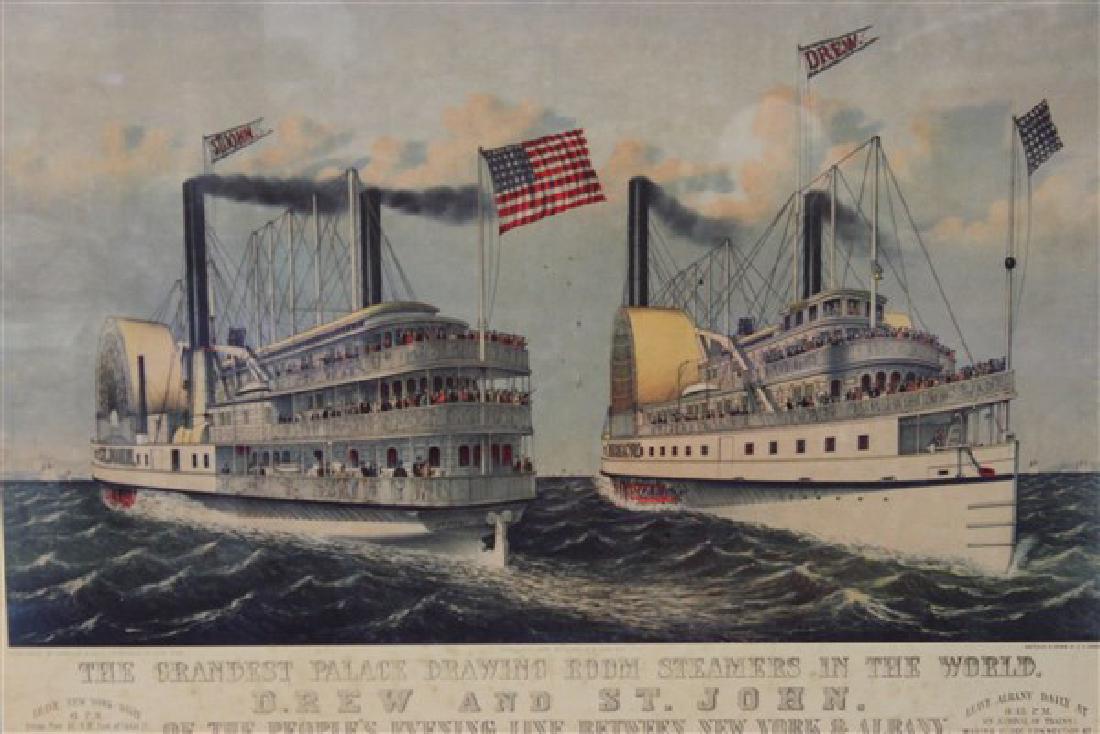 Currier & Ives Hudson River Drew & St. John Steamers: Currier And Ives lithograph print. "The Grandest Palace Drawing Room Steamers In The World Drew And St. John Of The People's Evening Line Between New York & Albany". Dimensions:18" X 24" and 32" X 37 