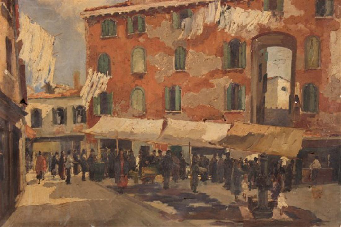 Gino Albieri 1881-1949 Oil Painting: Gino Albieri (1881-1949) Town scene with figures Oil on canvas Dimensions: 27" X 30" Signed lower right. Provenance: Estate of John Bocchieri, Brooklyn, NY Inv. 255