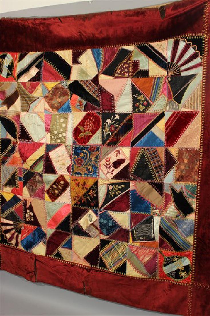 1882 Silk Crazy Quilt: An antique crazy quilt dated 1882 from the families of Christy, Lounsbury and Veight at their summer homes in Kent Cliffs, New York Dimensions: 76" X 76"