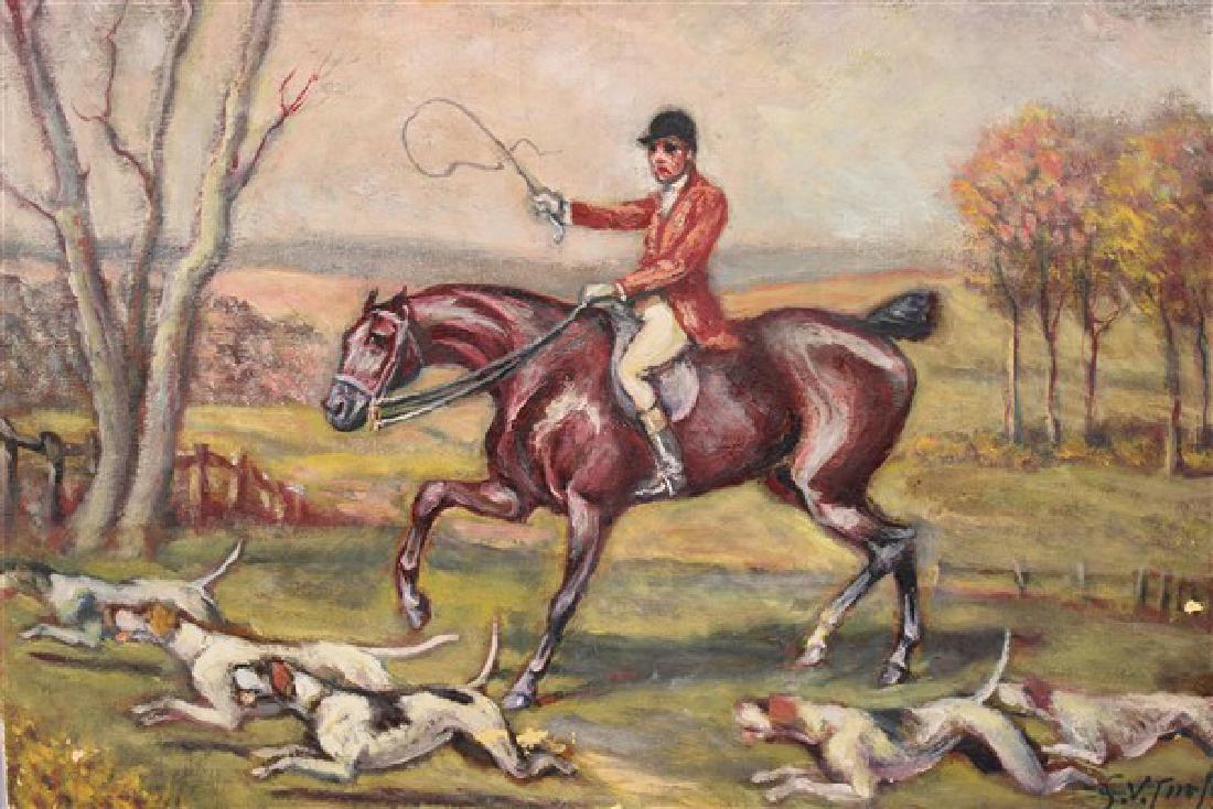 G.V. Curtis (1859-1943) Fox Hunt Scene: George Vaughn Curtis (1859-1943) Fox Hunt Scene Oil on canvas Signed lower right G.V. Curtis Dimensions: 16" X 20" Provenance: Estate of Leonidas A. Lantzounis (Son in law to George Vaughn Curtis (Ame