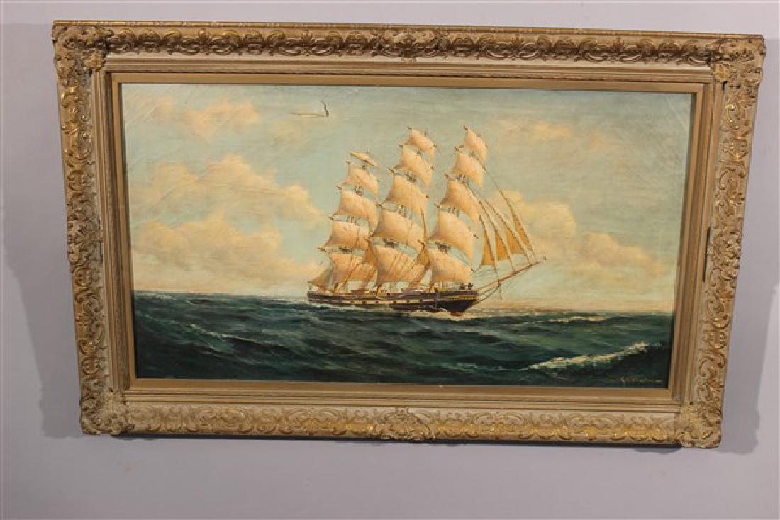 George Wheatley (American b.1895) Clipper Ship: George Wheatley (American b.1895) Clipper Ship At Sea Oil on canvas Signed lower right. Dimensions: 20" X 35 1/2" and 27" X 43" framed
