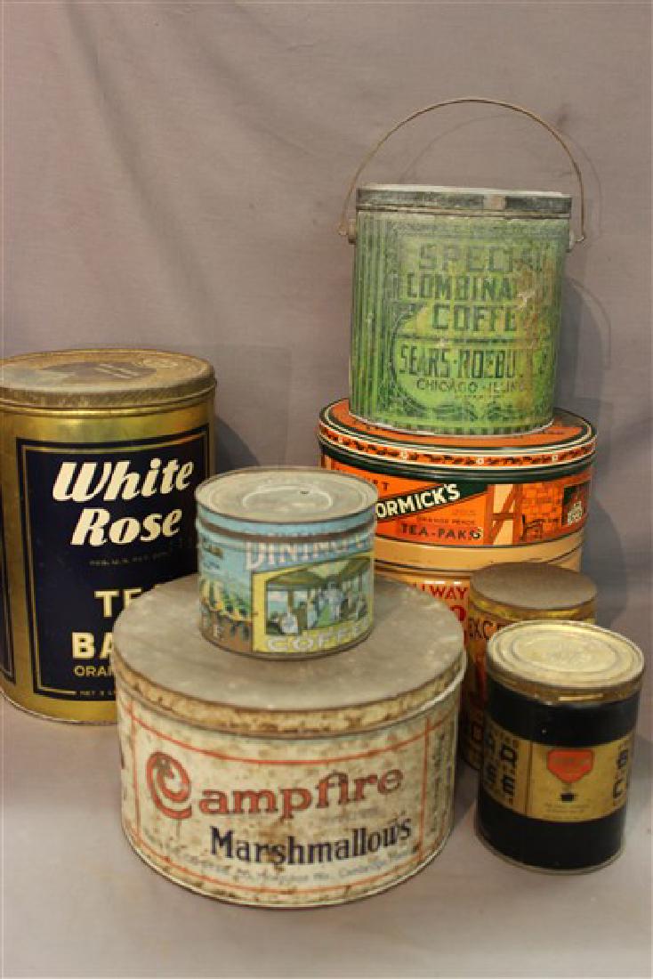 Eight (8) Vintage Advertising General Store Tins: Eight (8) Vintage advertising tins. As seen in photograph preview.Including White Rose, Excelsior Coffee, McCormicks, Victor's Brand Sturgis Pretzels, Campfire Marshmallows etc.