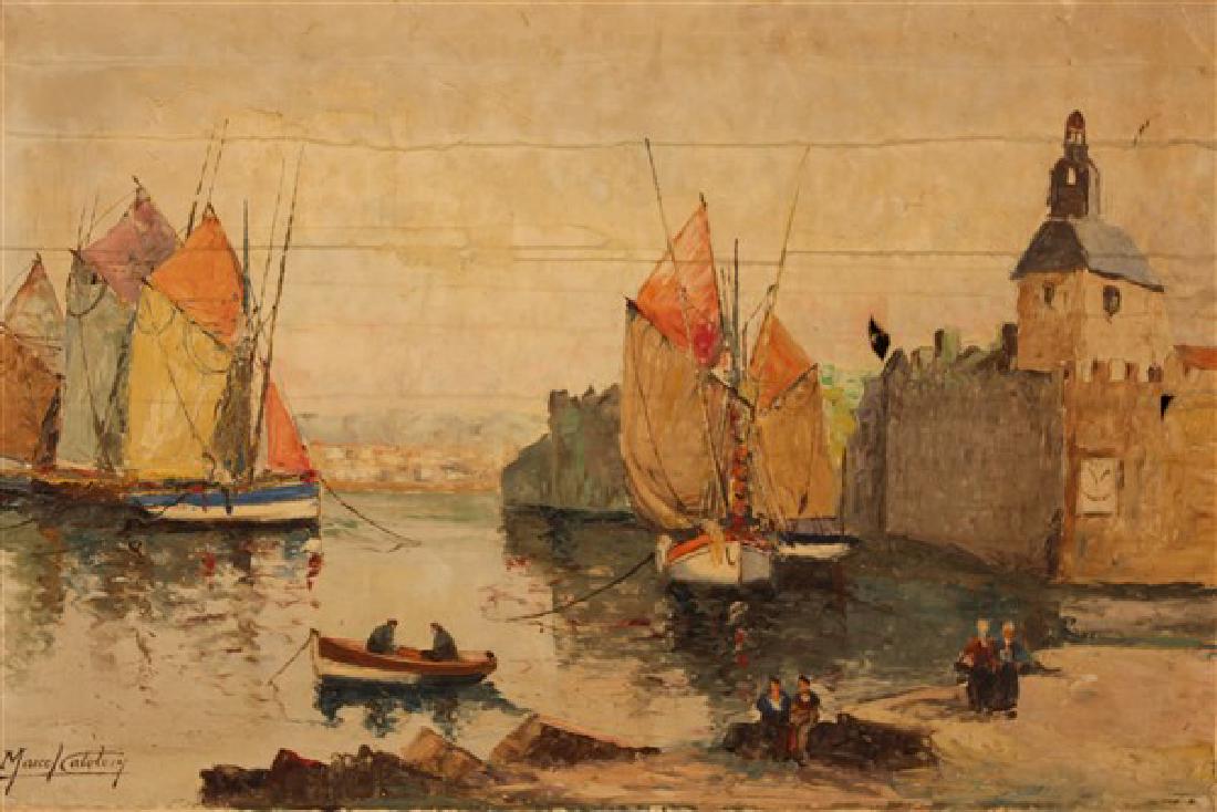 Marcel Calelein (French, 20th Century): Marcel Calelein (French, 20th century) French waterfront village with sailboats Oil on canvas Signed lower left Dimensions: 24" X 35" Provenance: Estate of John Bocchieri, Brooklyn, NY Inv. 132