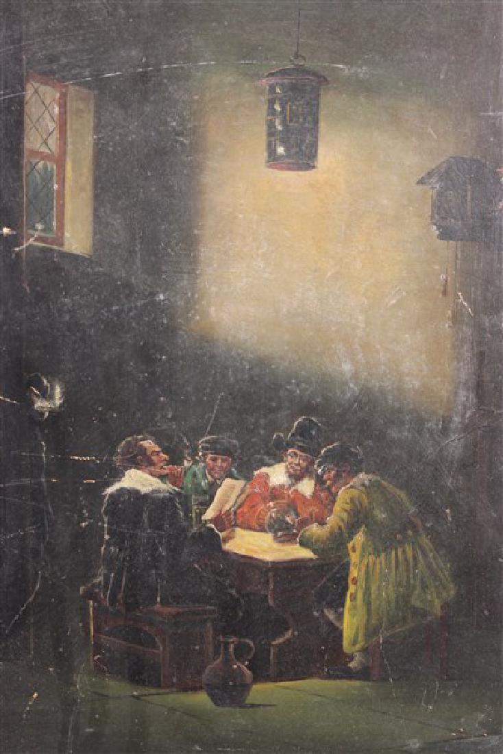 Style of David Teniers Tavern Scene, Illegibly Signed: Late 19th c. style of David Teniers tavern scene. Oil on board. Illegibly signed lower right. Dimensions: 19 3/4" X 15 1/2" and 25 1/4" X 21" framed Provenance: Estate of John Bocchieri, Brooklyn, NY 