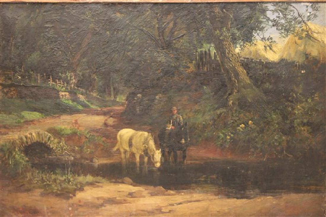 George Gray "The Farm Ford" Oil On Canvas: Artist: George Gray (American, 19th Century)Titled: The Farm Ford, Man on horseback with white horse drinking water in landscape. Oil on canvasDimensions: 14" X 21"Signed lower left.