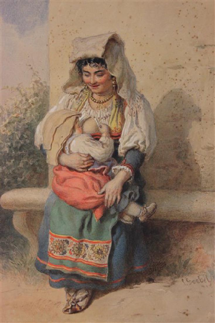 Carl Goebel (Austrian, 1824-1899) Mother And Child: Artist: Carl Goebel (Austrian, 1824-1899) Italian Peasant Mother Breastfeeding Child Watercolor on paper Signed lower right C. Goebel Dimensions: 17" X 12" unframed Provenance: Estate of John Bocchier