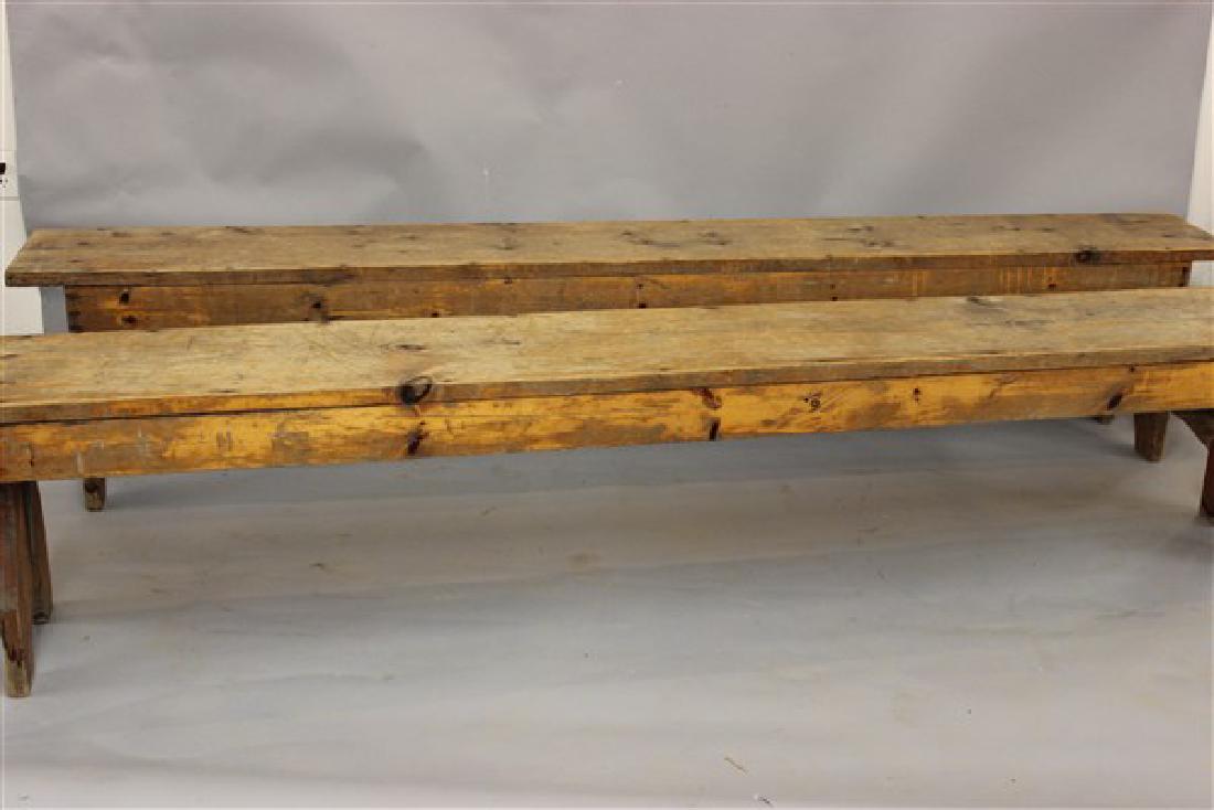 Antique Primitive Church Pew Or Meeting House Benches: A pair of antique primitive church pew or meeting house benches. 8ft length X 12"height and 18" depth.