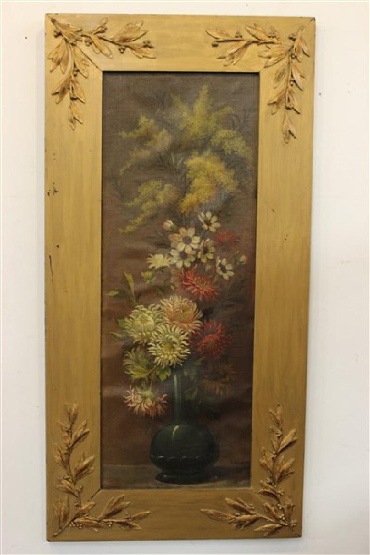 Otto Edward Gaertner (German/American 1845-1909): Otto Edward Gaertner (German/American 1845-1909) Still life painting of chrysanthemums in vase Oil on canvas Label on reverse Dimensions: 38 1/2" X 14 1/2" and 47 1/2" X 24" framed Signed Otto Gaetner