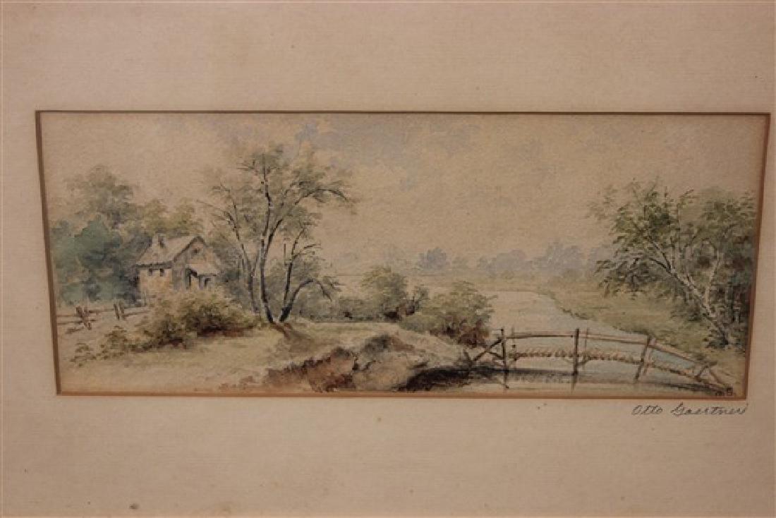 Otto Edward Gaertner (German/American 1845-1909): Otto Edward Gaertner (German/American 1845-1909) Titled: The little house near the bridge Watercolor on paper Initial OG and signed in pencil in border Dimensions: 4 1/4" X 10" and 10" X 15 1/2" frame