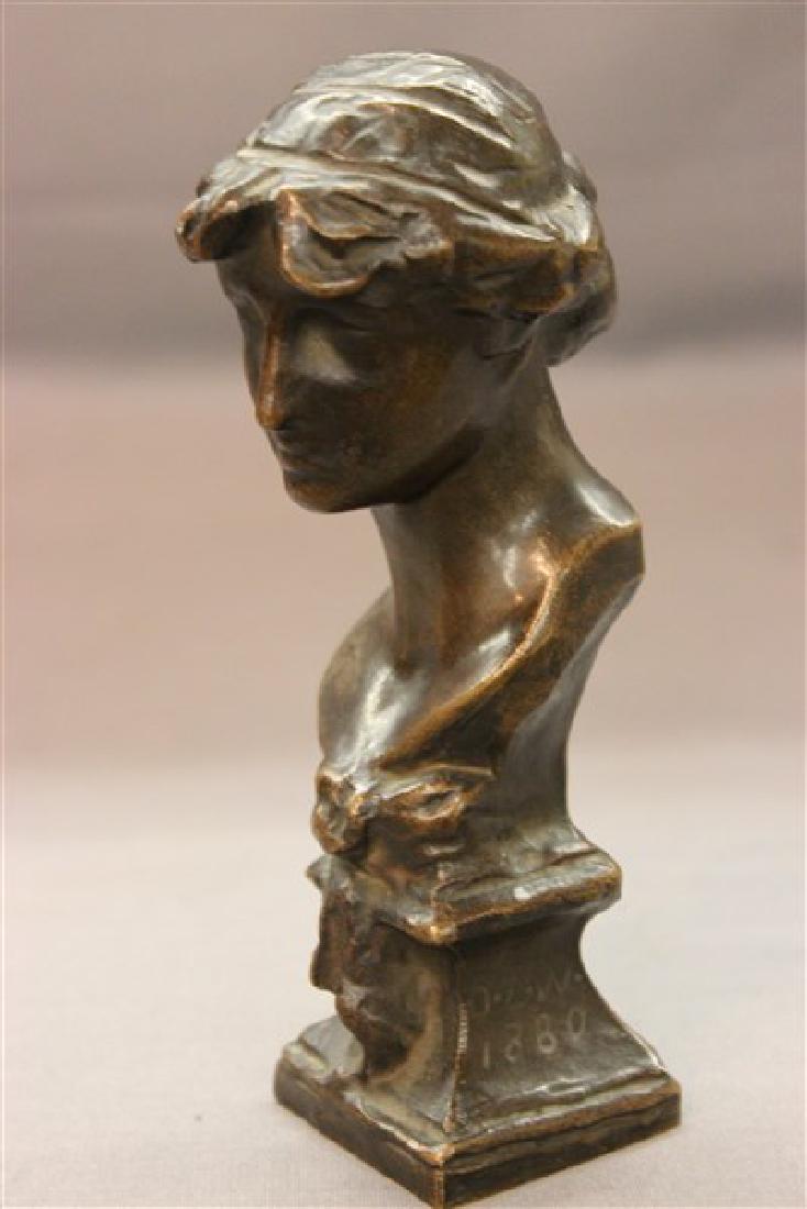 Olin Levi Warner (1844-1896) Bronze Female Bust: A 19th century bronze bust of female figure. Artist: Olin Levi Warner (1844-1896) Signed and dated 1880 Jno Williams Founder NY Dimensions: 6" X 2"