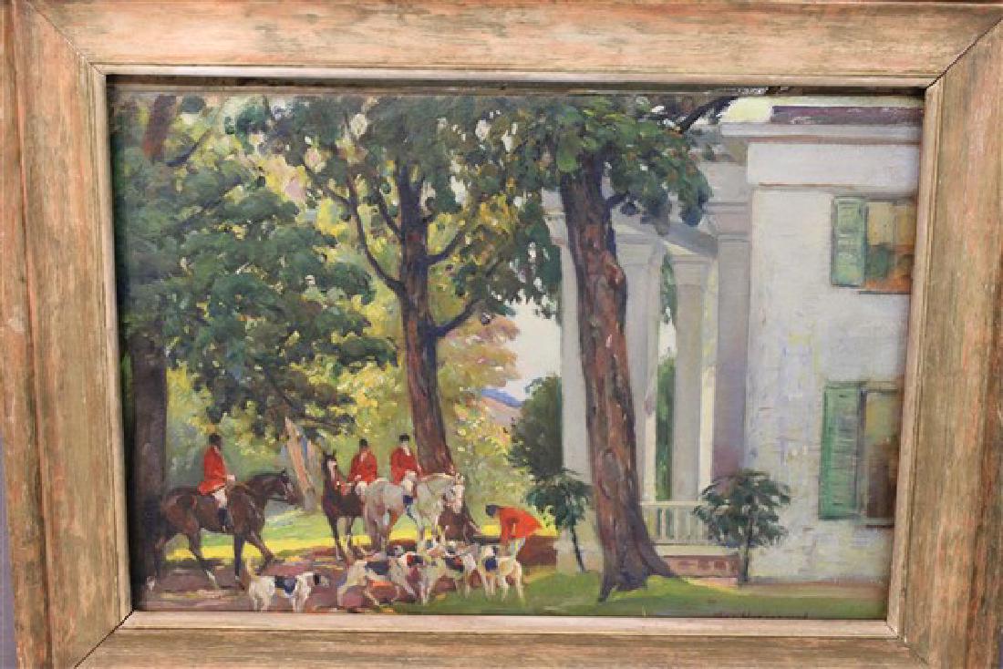 Max Hermann (German/American 1879-1954) Fox Hunt: Max Hermann (German/American, 1879-1954 Titled: The Hunters (Hunters and dogs gathering for fox hunt) Oil on board Dimensions: 9 1/2" X 13" and 13 3/4" X 17 1/2" framed. Exhibited: Salmagundi Club 195