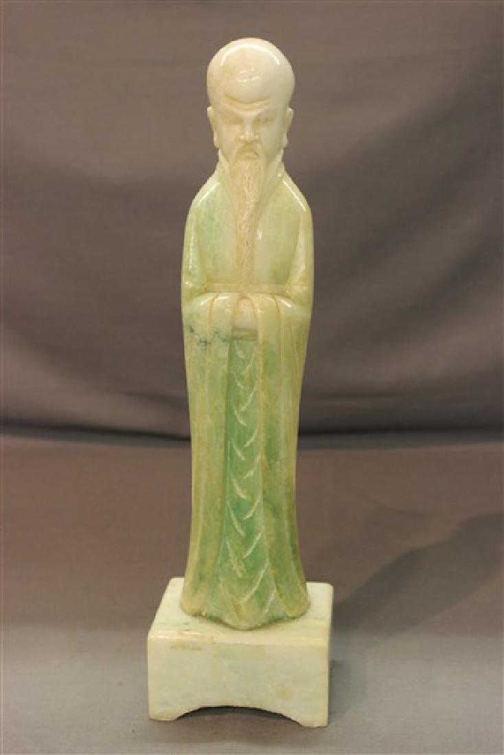 Alabaster Chinese Scholar Figure: A green alabaster Chinese scholar figure. Dimensions: 14" X 3 1/2"