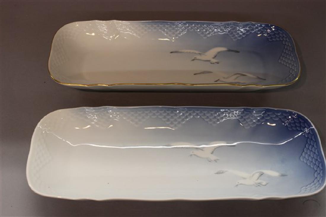 Bing & Grondahl "Seagull" Porcelain Serving Platters: A pair of Bing & Grondahl Copenhagen, Denmark porcelain rectangular serving platters in the "Seagull" pattern. Dimensions: 15" X 6"
