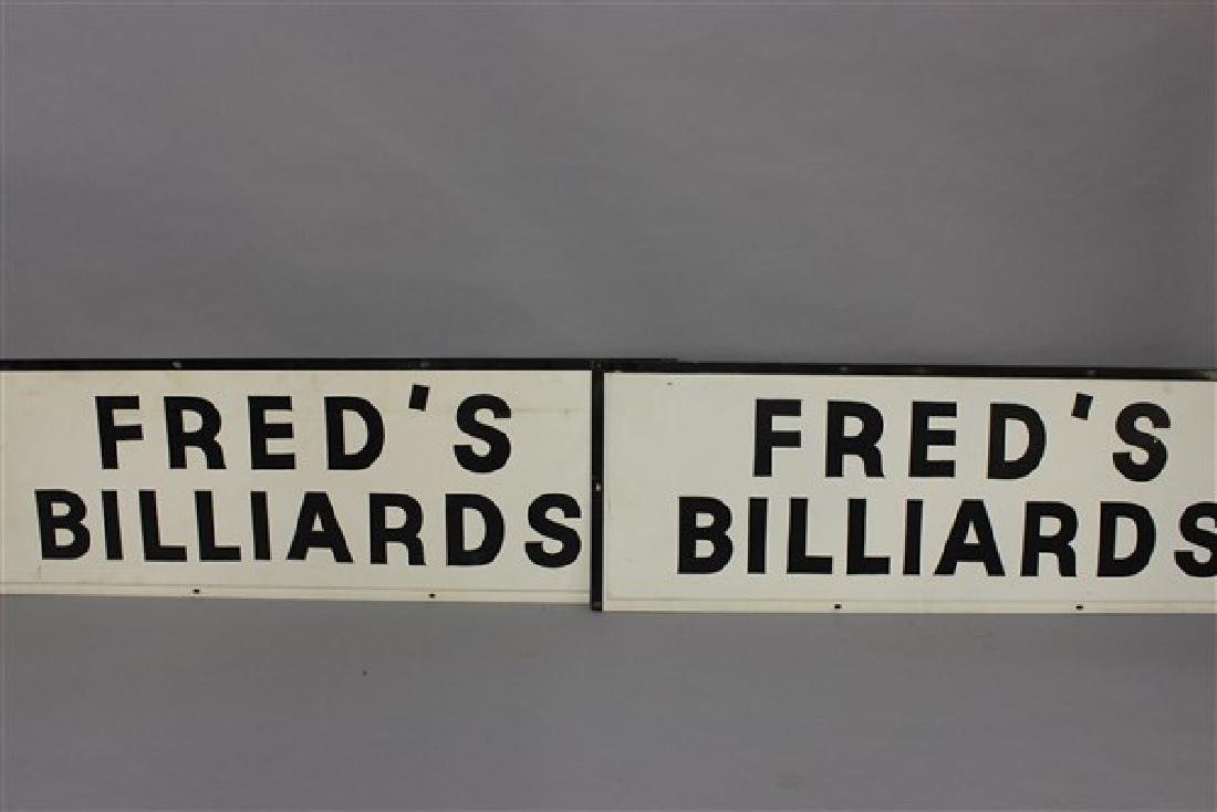 Fred's Billiards Porcelain Enameled Signs: Two (2) porcelain enameled pool hall signs. "Fred's Billiards" Dimensions: 20" X 60"