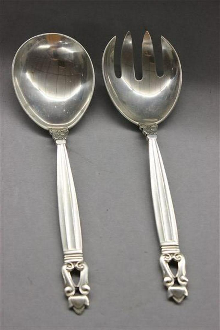 Georg Jensen Acorn Pattern Salad Serving Set: Georg Jensen, Denmark sterling silver Acorn pattern salad serving fork and spoon. Dimensions: 8" X 2" Total weight: 6.1 average ounces