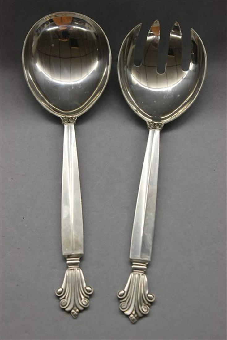 Georg Jensen Acanthus Sterling Silver Salad Serving Set: Georg Jensen, Denmark sterling silver Acorn pattern salad serving fork and spoon. Dimensions: 8" X 2" Total weight:5.2 average ounces