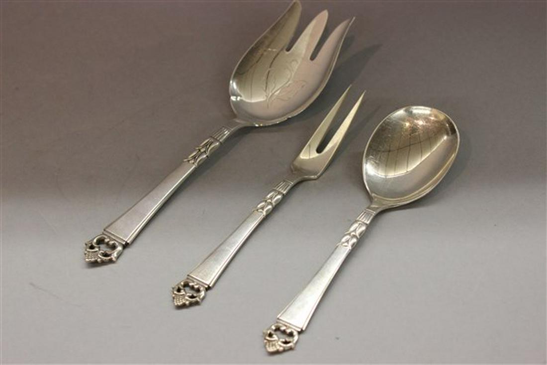 Frigast Denmark Crown Sterling Silver Serving Pieces: Three (3) pieces, Frigast Denmark sterling silver serving pieces. Large serving fork: 11" X 3" Two prong meat fork: 8 1/2" Serving spoon: 8 1/2" Dimensions: 8 1/2" L Total weight: 11 average ounces