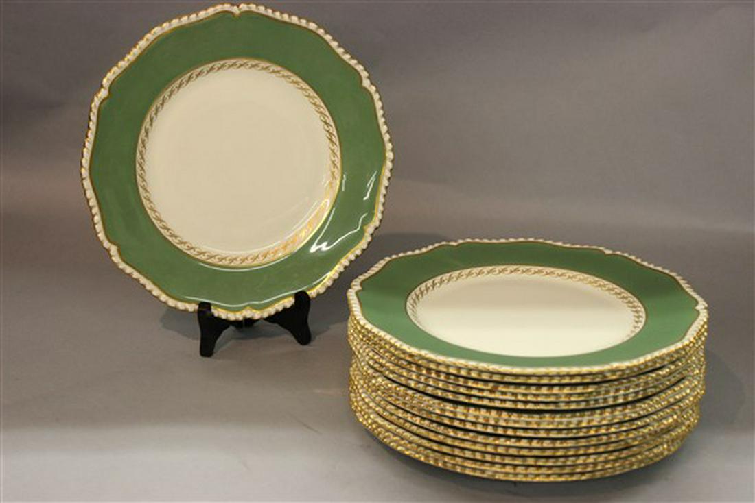 Fourteen (14) Royal Worcester Dinner Plates: Fourteen (14) Royal Worcester English dinner plates with masculine hunt green with gold border. Dimensions: 10 1/2" d