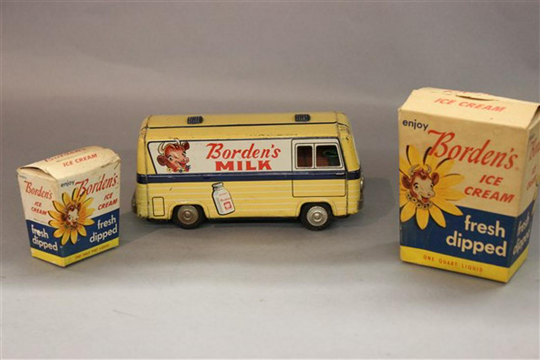 Bordens Milk Truck And Cartons: Vintage Bordens milk tin toy truck and ice cream cartons. Truck Made in Japan. Dimensions: 3 1/2" X 8 1/2" X 3"