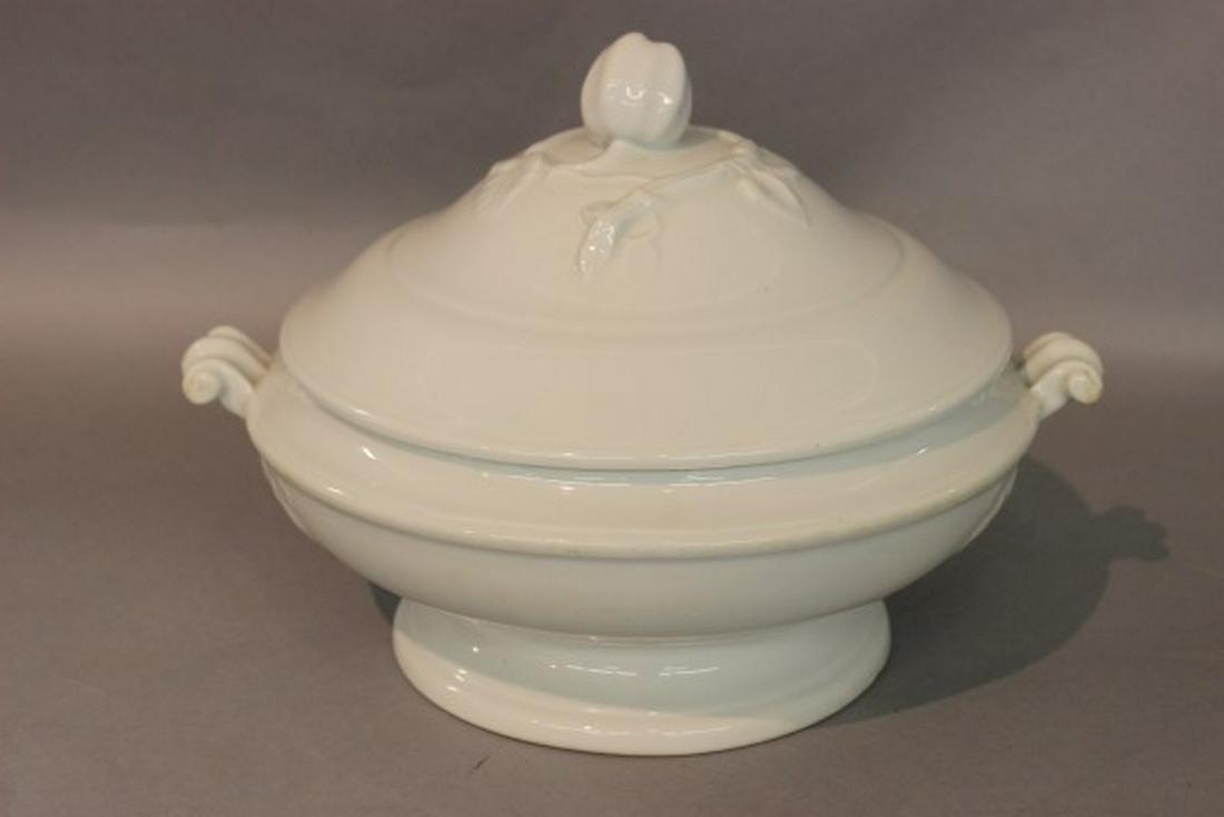 Large White Ironstone Covered Tureen: A large white ironstone covered tureen. English 19th century by Bridgewood & Clark. Dimensions: 10" X 13"