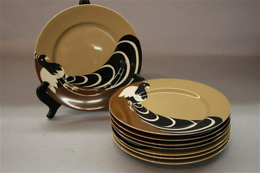 Fitz & Floyd Porcelain "Deco Peacock" Lunch Plates: A set of eight (8) Fitz & Floyd "Deco Peacock" lunch plates. 7 1/2" diameter.