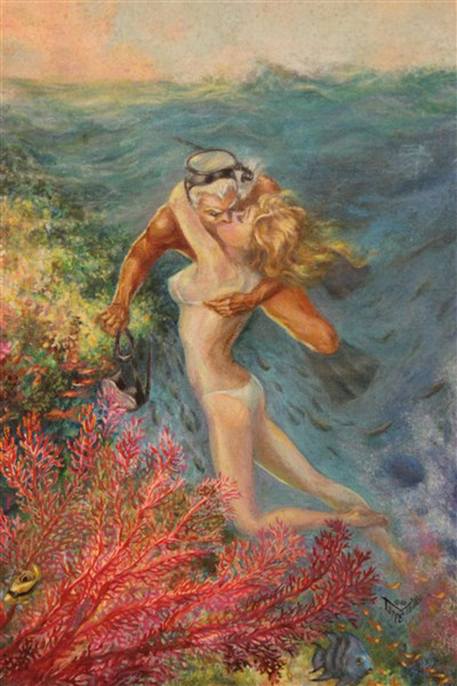 Tarpe Mills Oil On Canvas Illustration Art: Artist: Tarpe Mills Sea Romance Illustration Oil on canvas. Dimensions: 18 1/2" X 14" Provenance: Estate of John Bocchieri, Brooklyn, NY