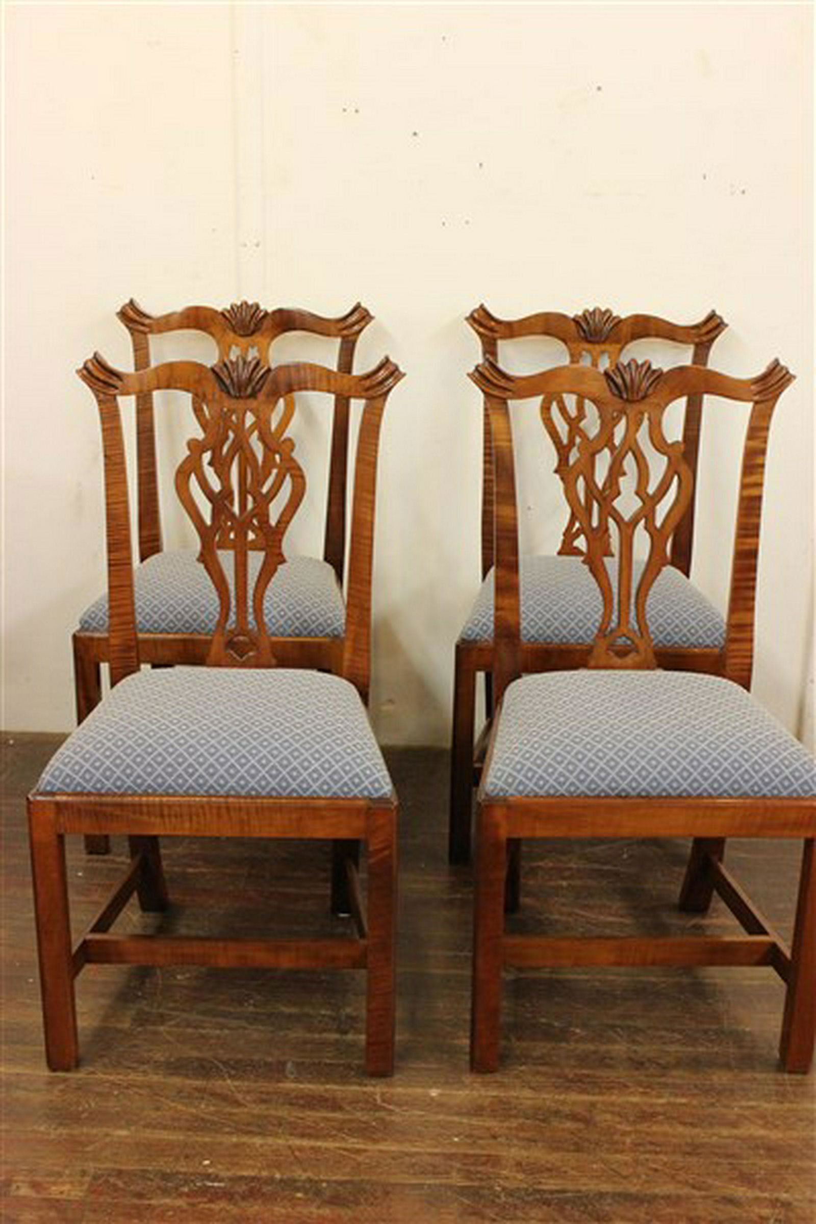 Four 4 Tiger Maple Carved Chippendale Style Chairs