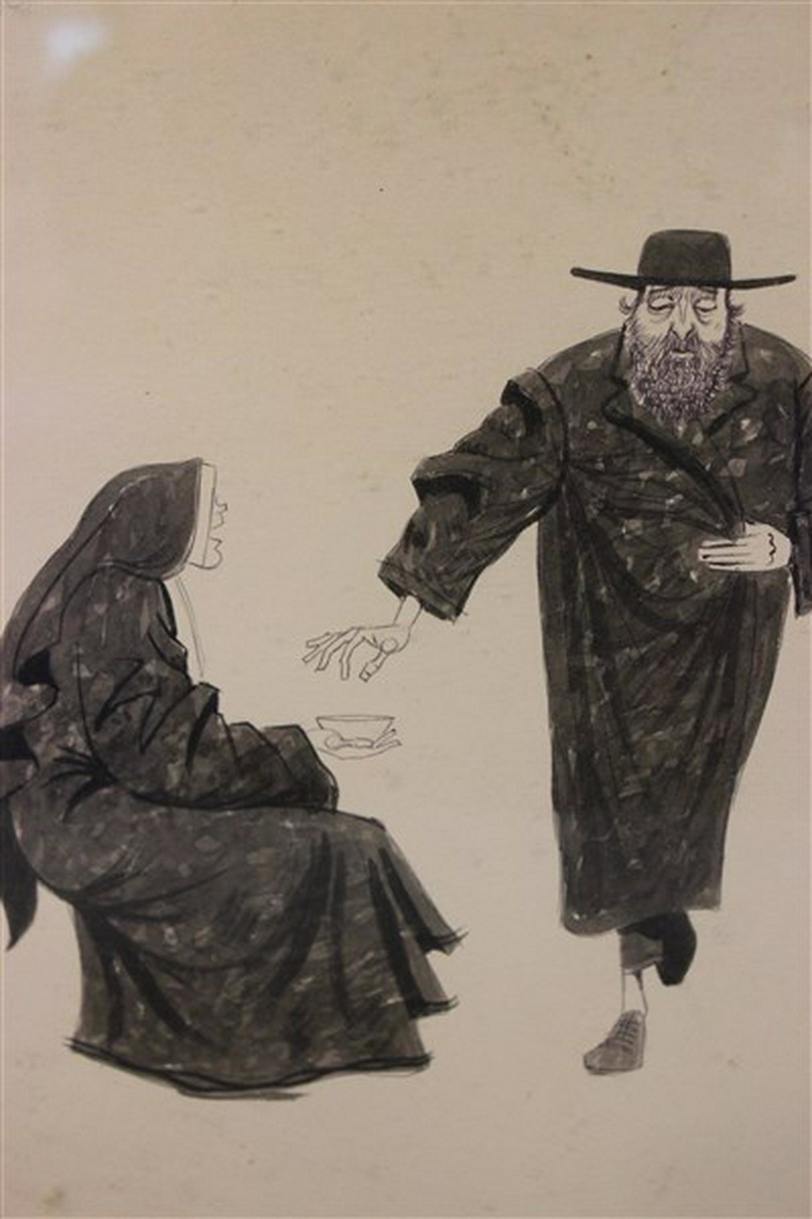 J.Herr Judaica Rabbi And Nun Gauche And Ink Painting: J. Herr Judaica Rabbi Gauche and ink on paper Signed upper right Dimensions: 12 1/2" X 9 1/2" and 17" X 13" framed Provenance: Estate of John Bocchieri, Brooklyn, NY