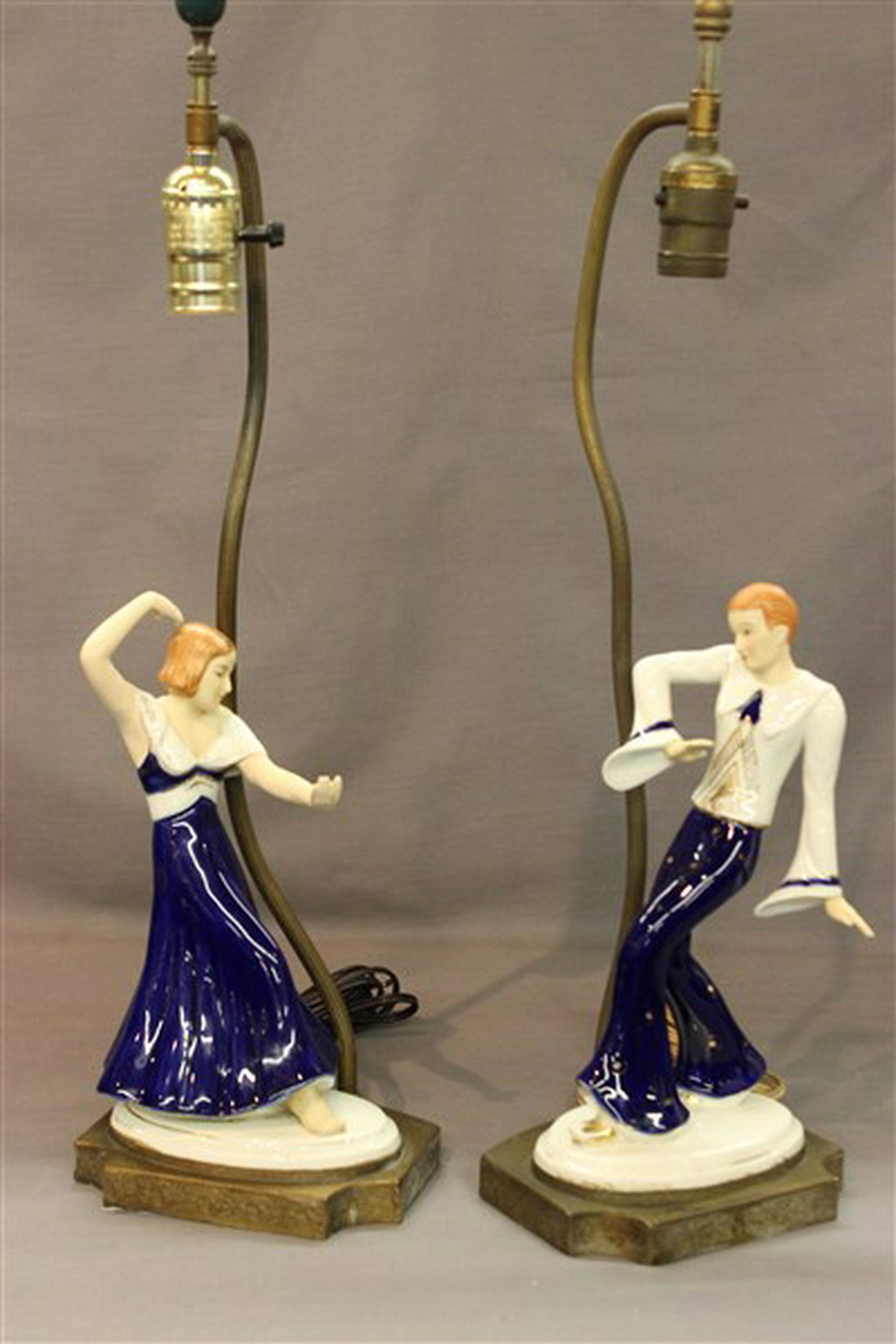 Art Deco Bohemian Porcelain Table Lamps: Art Deco porcelain figural dancer lamps, probably Royal Dux. Dimensions" 22" h X 6 1/2"w overall