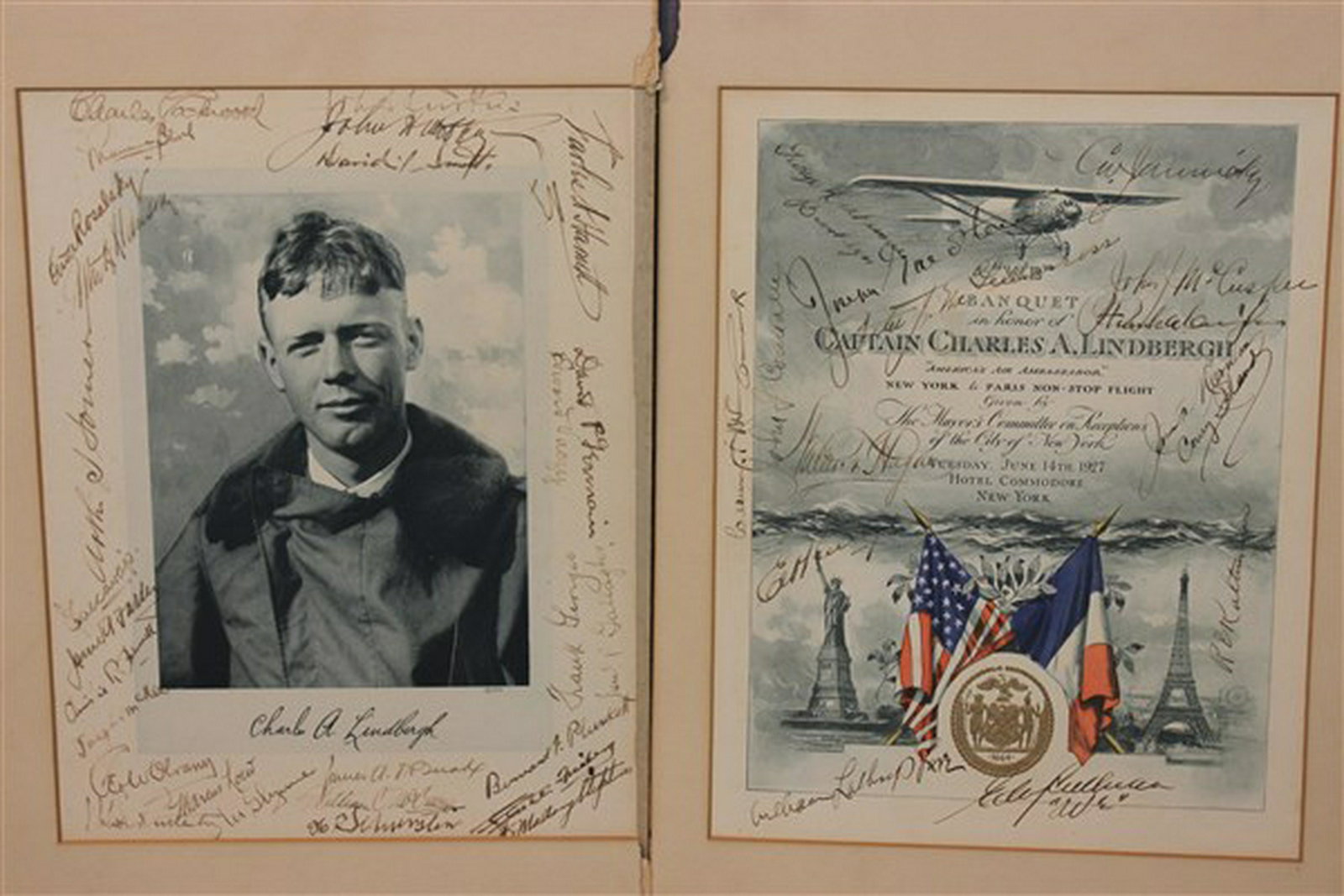 Charles A. Lindbergh NYC Banquet Invitation 1927 Signed: An invitation honoring Charles A. Lindbergh's flight from New York to Paris given by the Mayor's committee on receptions of the City Of New York June 14th, 1927. Original Signatures by several guests 