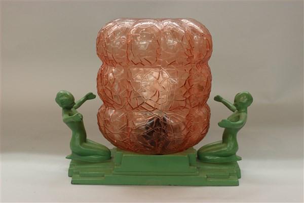Frankart Table Lamp w/ Kneeling Figures: Frankart table lamp with kneeling figures. Replacement pink glass globe.Dimensions: 10" X 5 1/2" X 5"