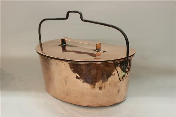 Antique Copper Hearth Cooking Pot: An antique copper hearth cooking pot with lid and iron handle. Flat surface back. Dimensions: 8" X 14" X 9 1/2"