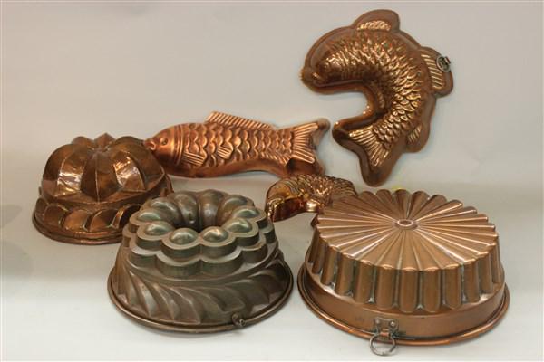 Six (6) Antique Copper Molds: Six (6) assorted antique copper molds including fish by Rein Kupfer and Gg. Dorner NBG.