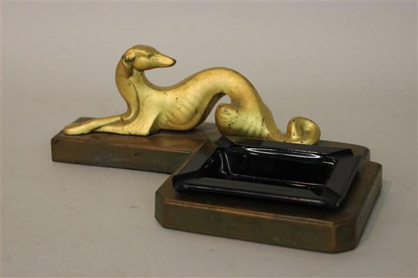 Frankart Art Deco Greyhound Ashtray: Frankart Art Deco greyhound ashtray. Dimensions: 3 1/2" X 8 1/4" X 4 1/2"