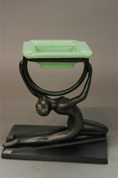 Art Deco Figural Nude Dancer Ashtray: An Art Deco figural nude dancer ashtray in the style of Frankart. Dimensions: 6 1/2" X 5 1/2" X 3"