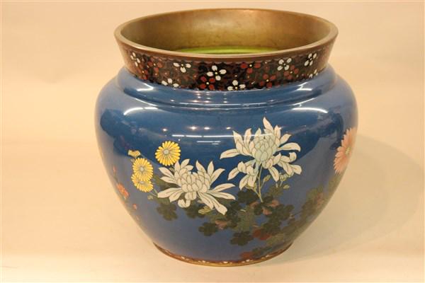Antique Copper Enamelware Planter: A fancy antique copper enamelware planter jardinaire. Dimensions: 12" X 14"