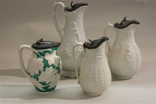 Four (4) 19th c. Salt Glaze English Pewter Lidded Jugs (1 of 8)