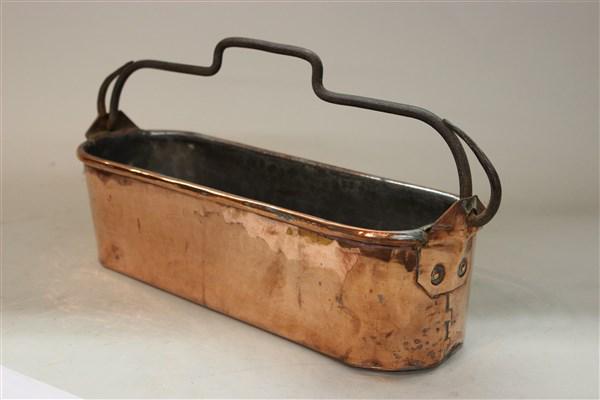 French Copper Fish Poacher w/ Iron Handle: A French copper poacher with cast iron handle. Dimensions: 9" X 16" X 5"