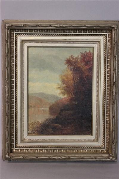 Hudson River School Autumn Oil Painting: A Hudson River School autumn landscape oil painting along side river. Oil on board. Unsigned Dimensions: 10 " X 7 1/2" and 16 1/2" X 14"