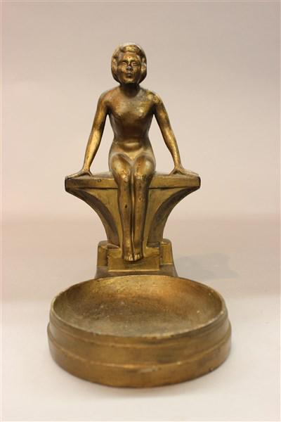 Art Deco Figural Nude Swimmer Dish: An Art Deco figural nude leaning over the edge receiving tray dish. Frankart style. Dimensions: 7 1/2" X 4 1/2" X 6"