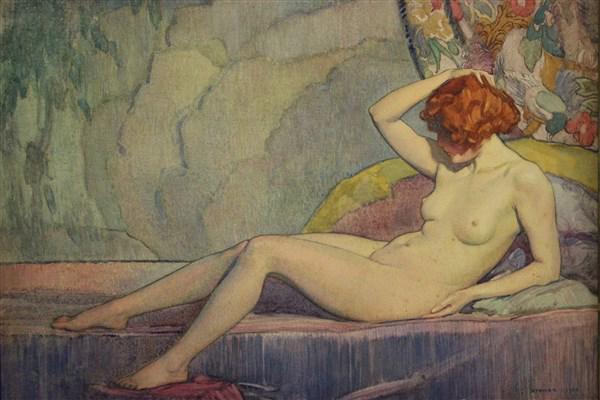 1930 Impressionist Watercolor Nude Female Painting: Harry Stoner (New York, Ohio b.1880) Titled: Blue Couch Watercolor on paper Signed and dated 1924 Exhibited Pennsylvania Academy of Fine Art Watercolor Exhibition 1926 Provenance: Collection of works 