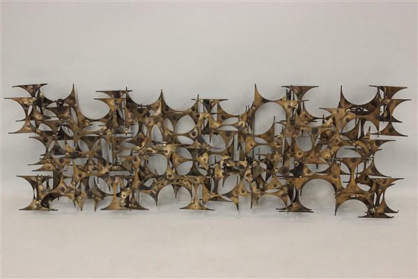 Marc Creates Jere Style Wall Art Sculpture: A modernist abstract designed wall sculpture. Signed with label by Marc Creates. In the style of Curtis Jere. Dimensions: 16" X 48"