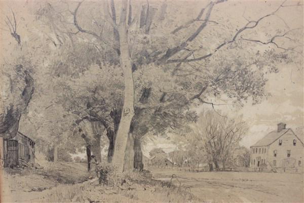 19th c. East Hampton Cottage of John Howard Payne: Attributed to Albert Fitch Bellows (American, 1829-1883)Titled: East HamptonCottage home of John Howard Payne. Several newspapers clipping from 1920's related to John Howard Payne and at time owner re