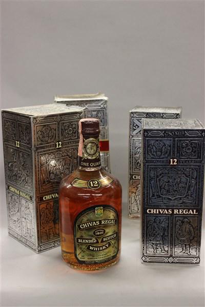 Four (4) Sealed Bottles Chivas Regal 12 Years: Four (4) sealed bottles of Chivas Regal blended scotch whiskey 12 years. Two 1 quart bottles and Two (2) 750 ml bottles.