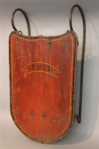 19th c. Americana Child's Snow Sled: 19th century Americana child's snow sled. Boys name "Levi" Stencil letters at center. Dimensions: 7" X 30" X 14 1/2"