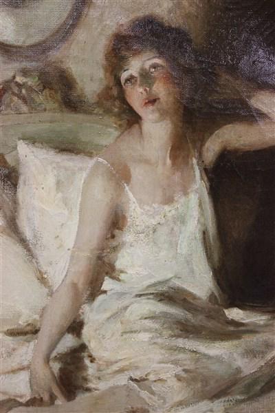 James H. Crank 1920's Oil On Canvas Morning Light: Artist: James H. Crank Untitled: Morning Rise, female awakening from bed. Oil on canvas c.1920's Signed lower right. Signed lower right. Dimensions:35 1/2" X 26" and 40" X 30 1/2" framed