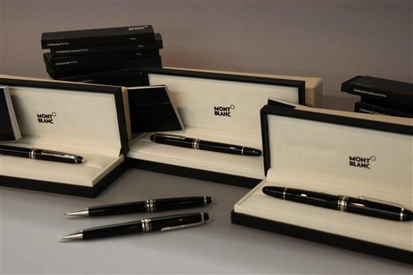 Collection of Montblanc Pens And Mechanical Pencils: Three (3) Montblanc Meisterstruck pens, Two (2) (2) mechanical pencils and sixteen (16) boxes of Two (2) pack refills. Pens include original boxes and instructions.