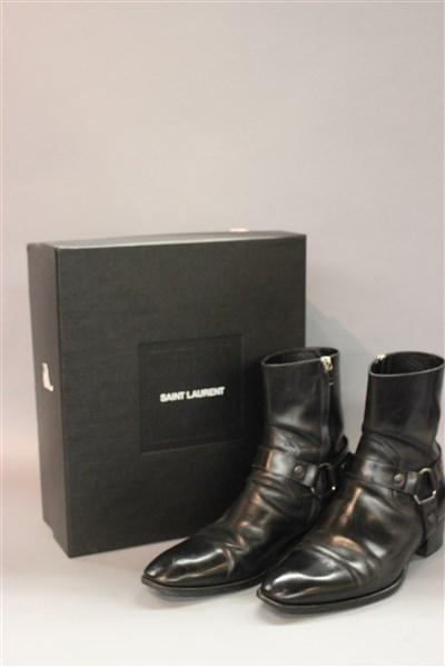 Saint Laurent Mens Leather Harness Boots: Mens black leather Saint Laurent leather harness boots with original box. European Size 44